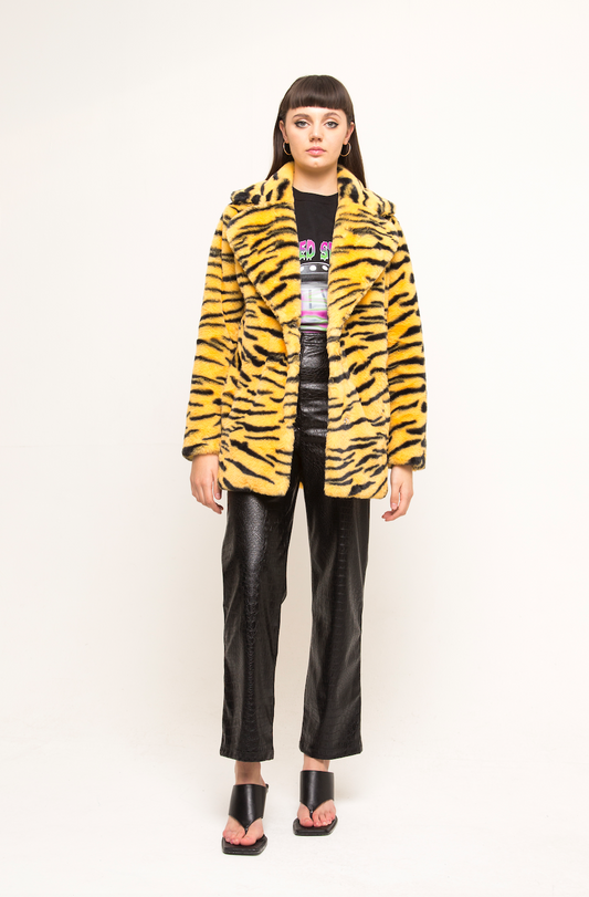 HENDRIX FAUX FUR COAT TIGER MUSTARD