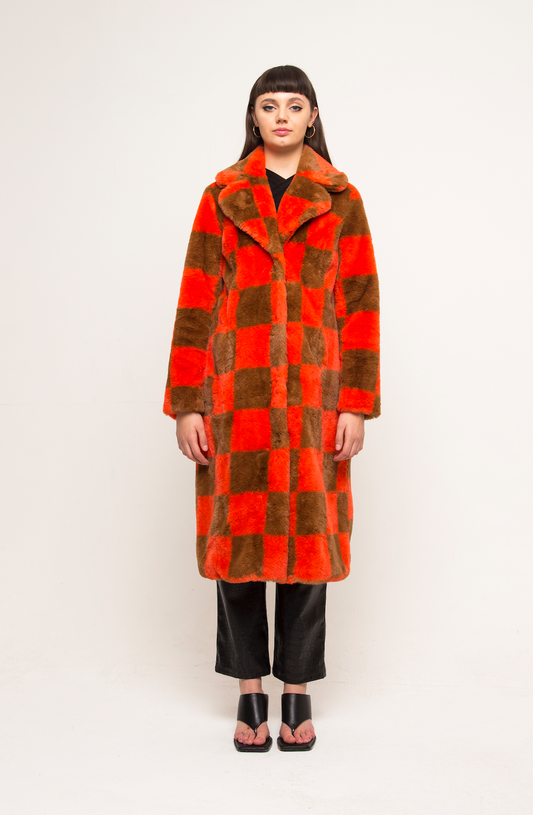 KAI FAUX FUR COAT CHECKERBOARD TANGERINE