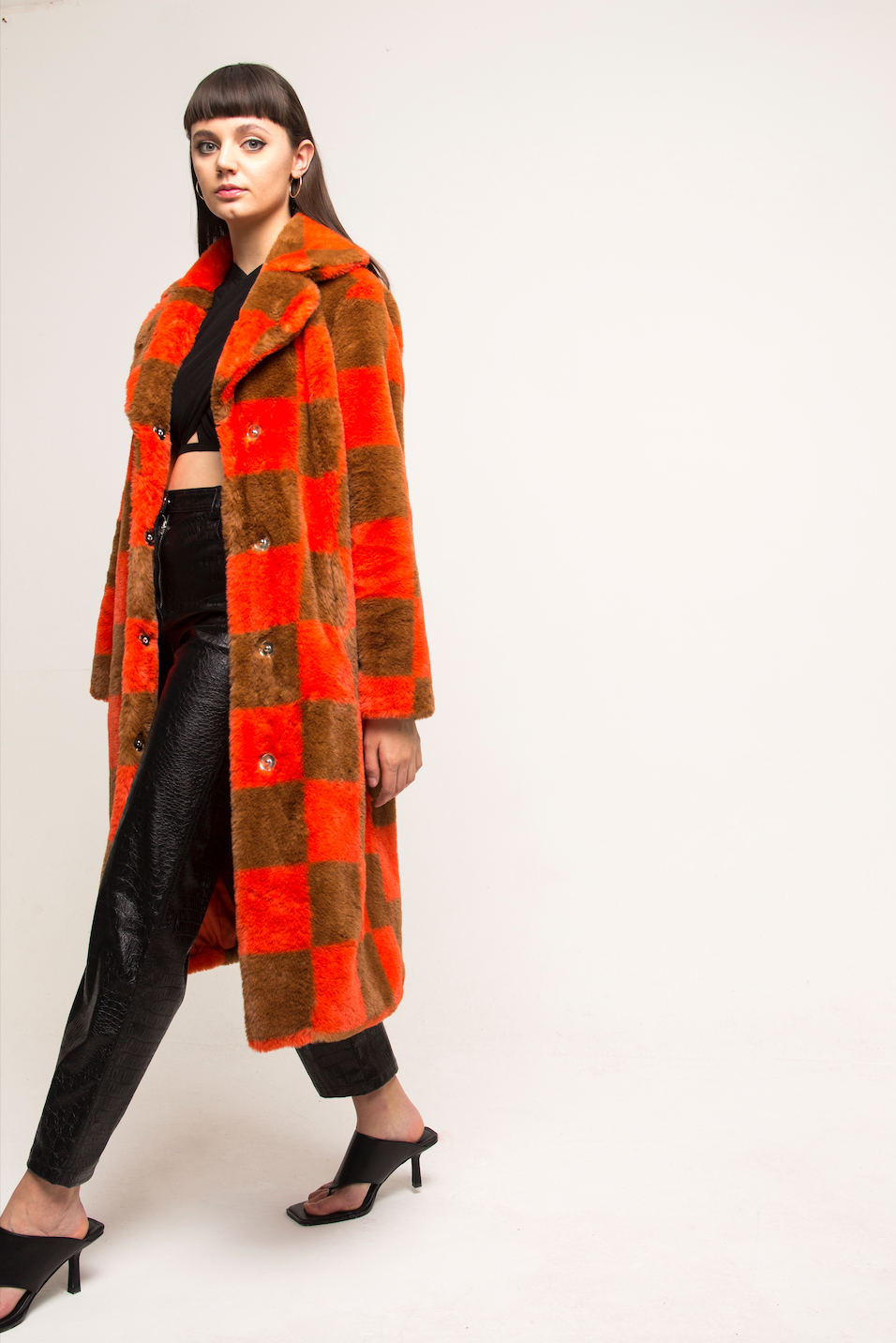 KAI FAUX FUR COAT CHECKERBOARD TANGERINE