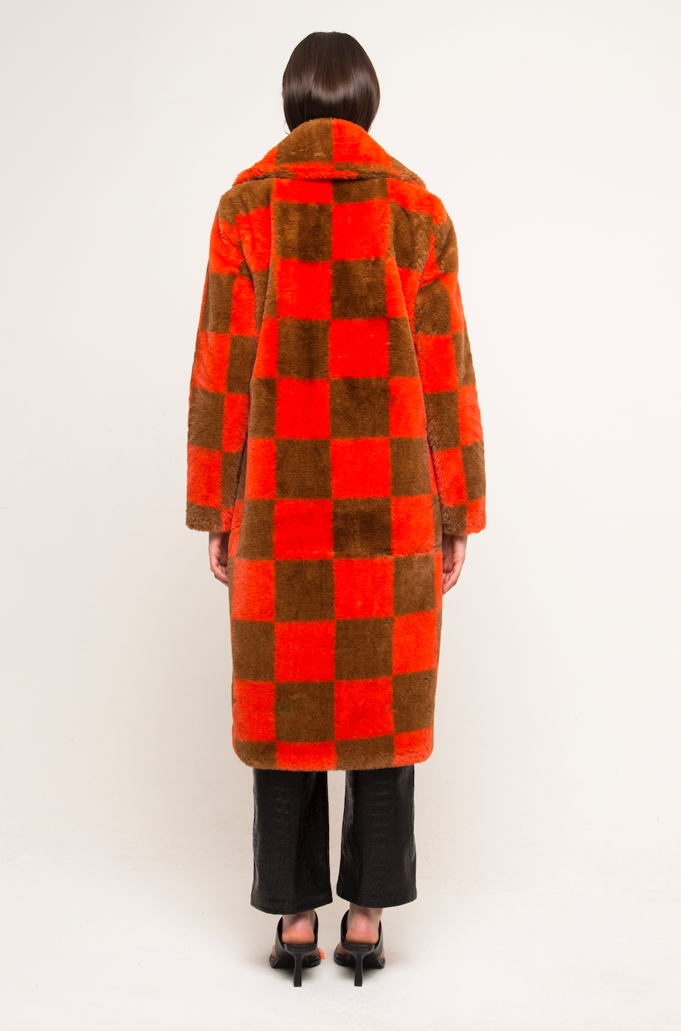 KAI FAUX FUR COAT CHECKERBOARD TANGERINE