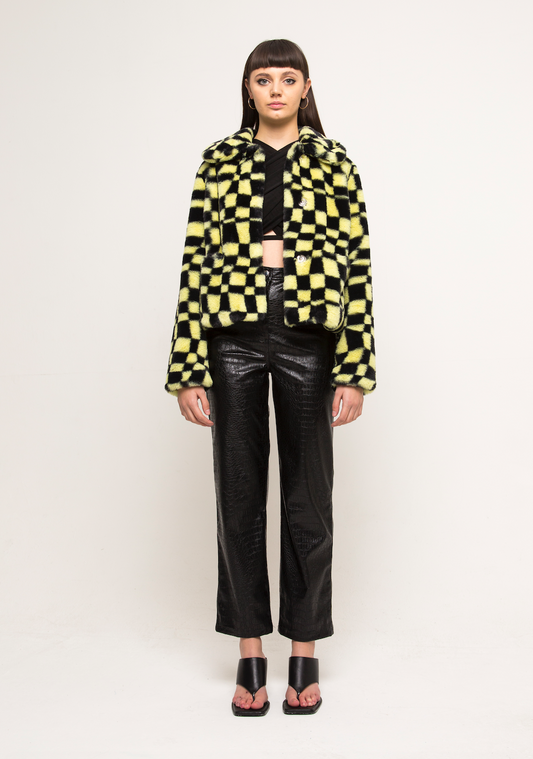 JAX FAUX FUR COAT WAVY CHECKERBOARD LEMON