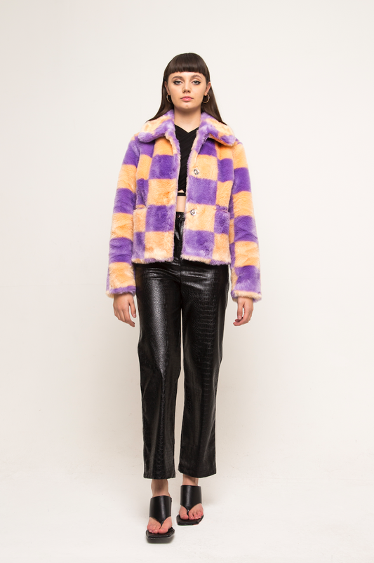 JAX FAUX FUR COAT PEACH AND LILAC CHECKERBOARD