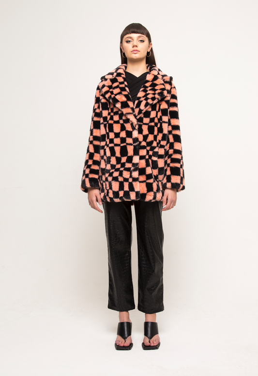 HENDRIX FAUX FUR COAT WAVY CHECKERBOARD PEACH